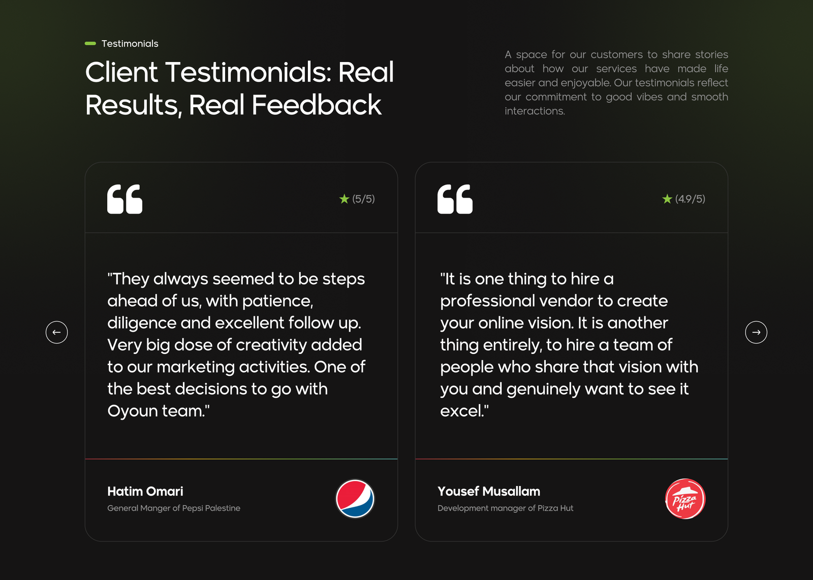 Testimonials section with client quotes carousel